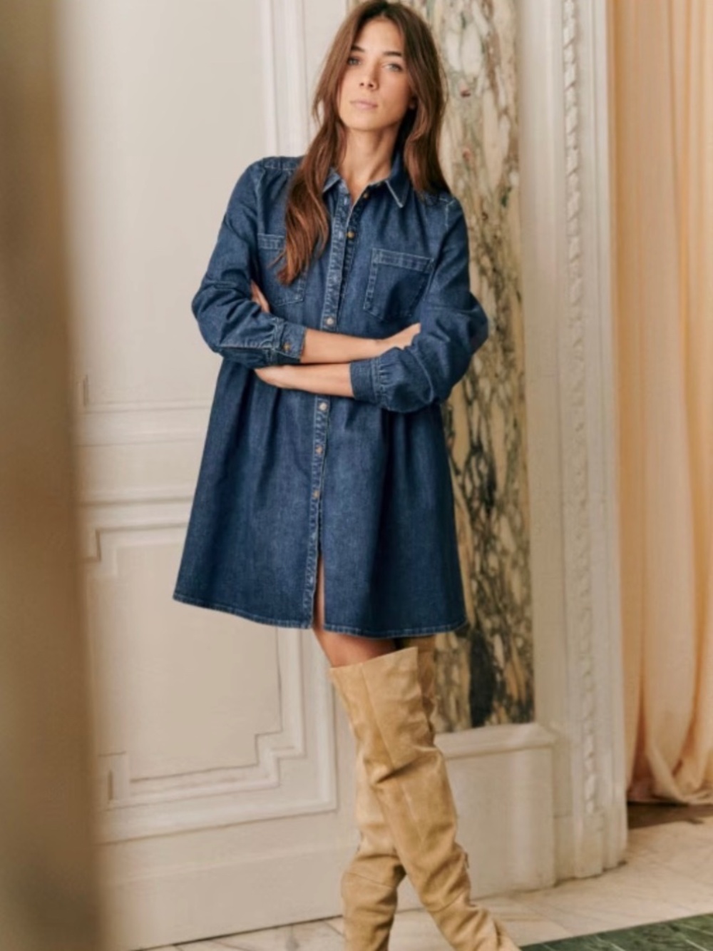 Sézane Leana Denim Dress Blue Long Sleeve Mini Size 36